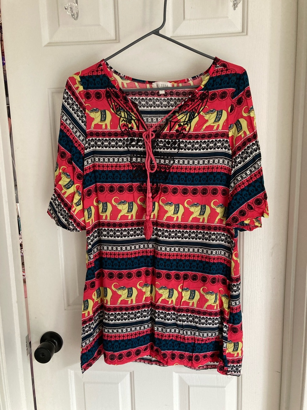 Velzera Red Boho Elephant Lace-Up Tunic Top